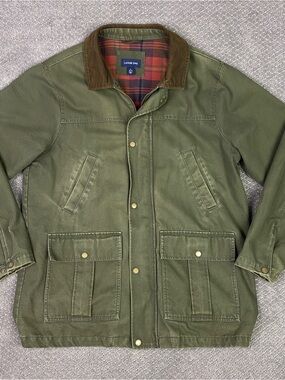 Vtg Lands End Chore Jacket Coat Mens Large Green Canvas Barn Plaid Flannel Lined